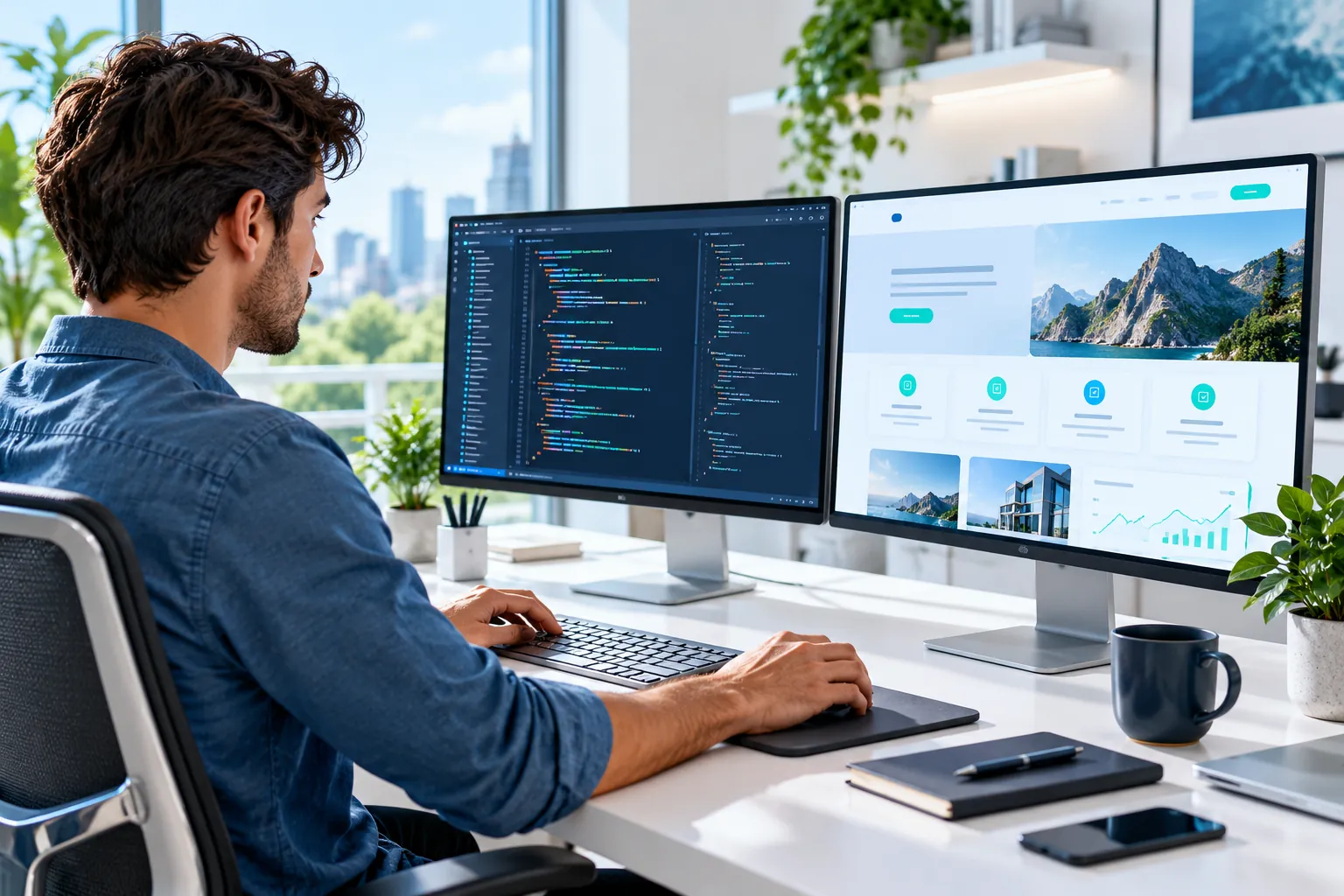 מעצב עובד על ממשק משתמש מול שני מסכים, קורס UX/UI